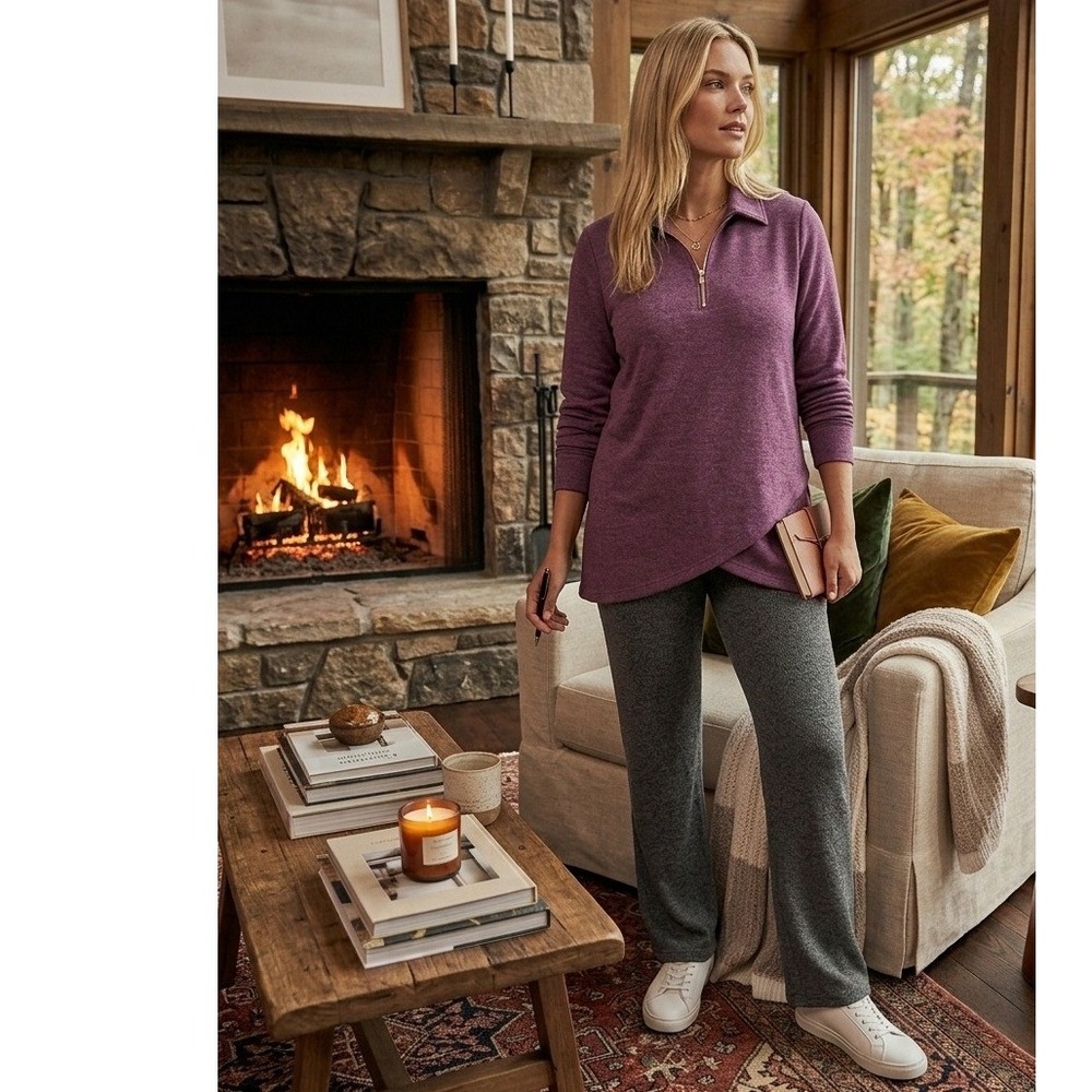 Soft Surroundings Calla Quarter Zip Fleece Tunic Sweatshirt Tulip Hem Plum XL